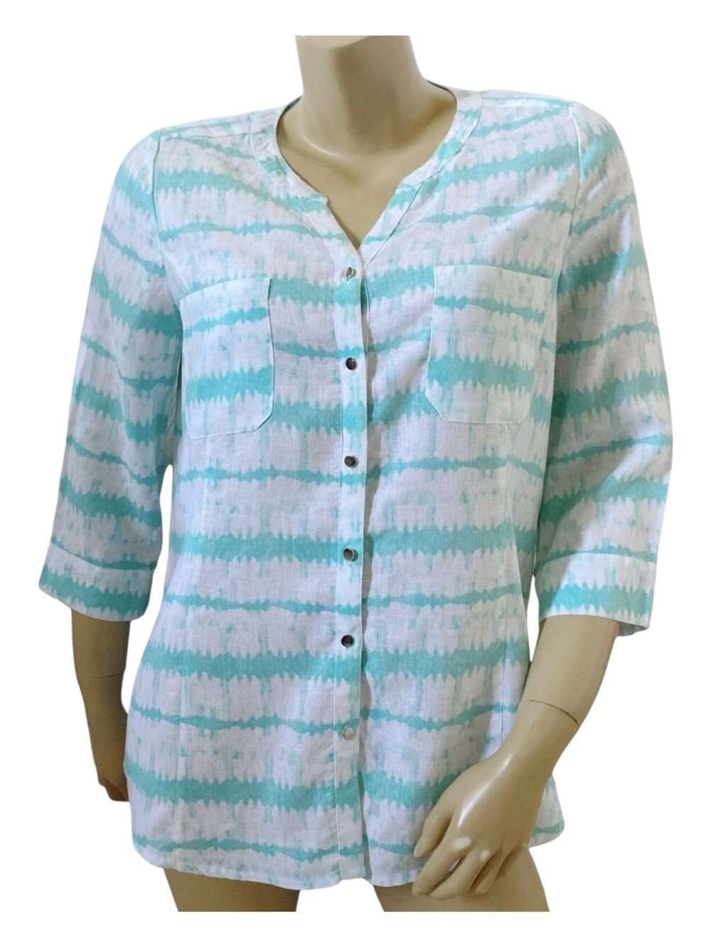 Coral Bay Linen Blend Button Front Top Womens M Blue White Tie Dye 3/4 Sleeve